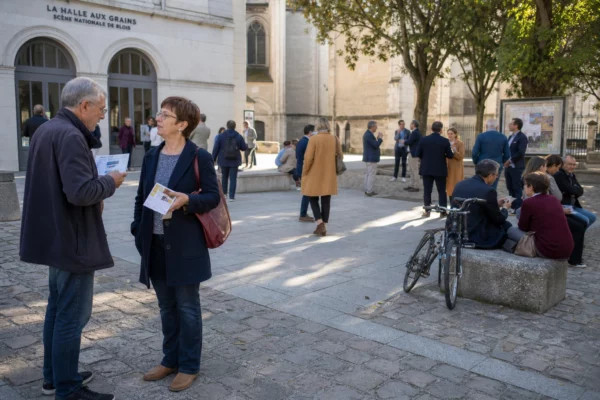 Scène de reportage à Blois avec des participants anonymes réunis devant un équipement culturel municipal