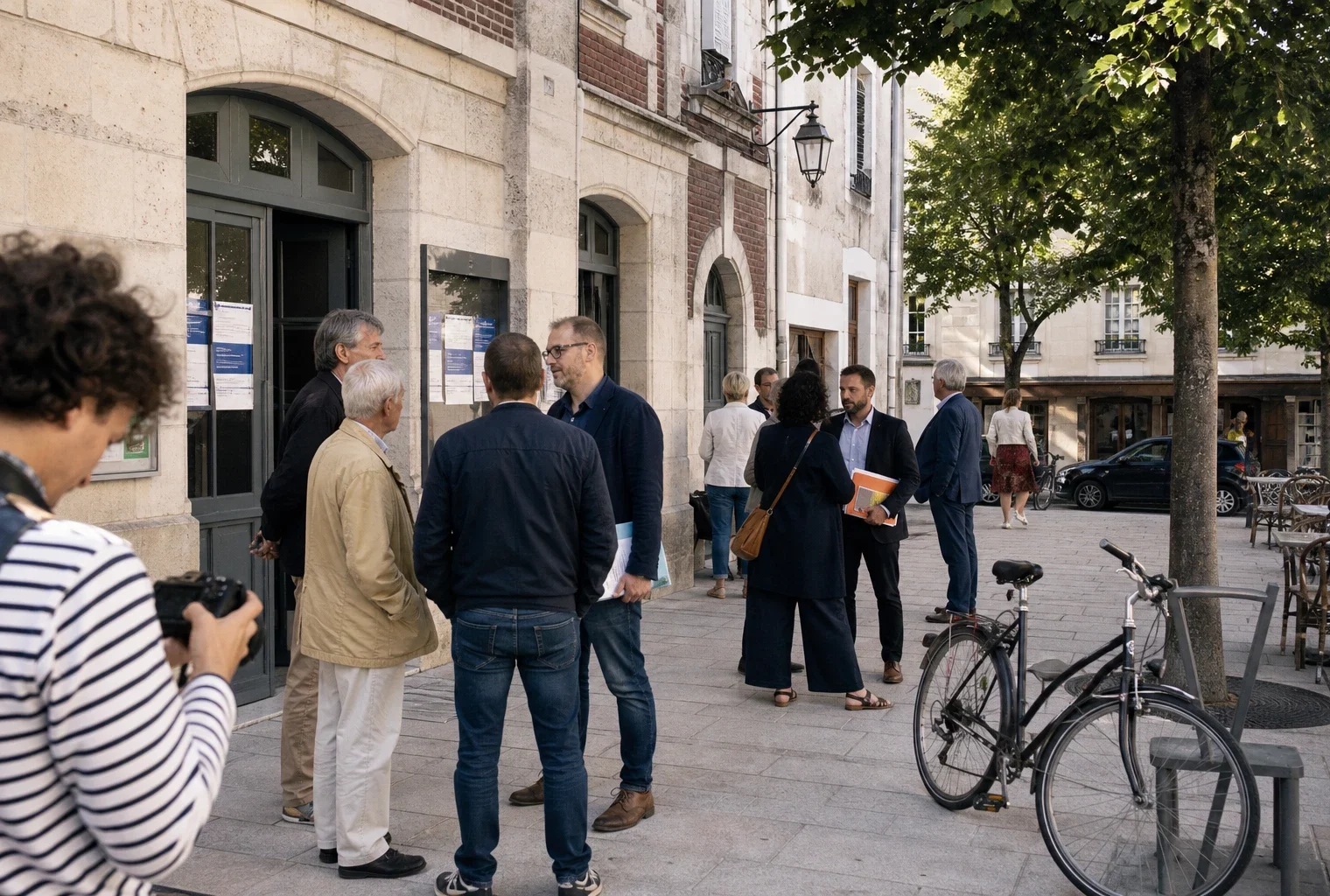 Scène de rue à Blois avec des habitants anonymes réunis près d’un équipement municipal lors de la rentrée politique socialiste