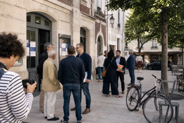 Scène de rue à Blois avec des habitants anonymes réunis près d’un équipement municipal lors de la rentrée politique socialiste