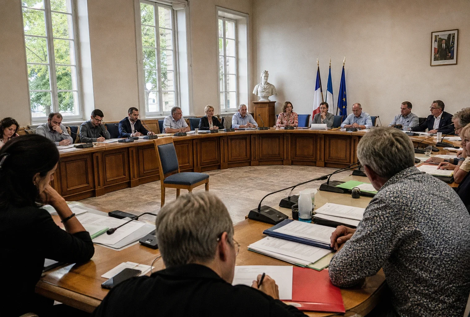 Salle municipale française lors d’une réunion politique, avec micros, dossiers flous et une chaise vide