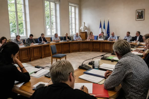 Salle municipale française lors d’une réunion politique, avec micros, dossiers flous et une chaise vide