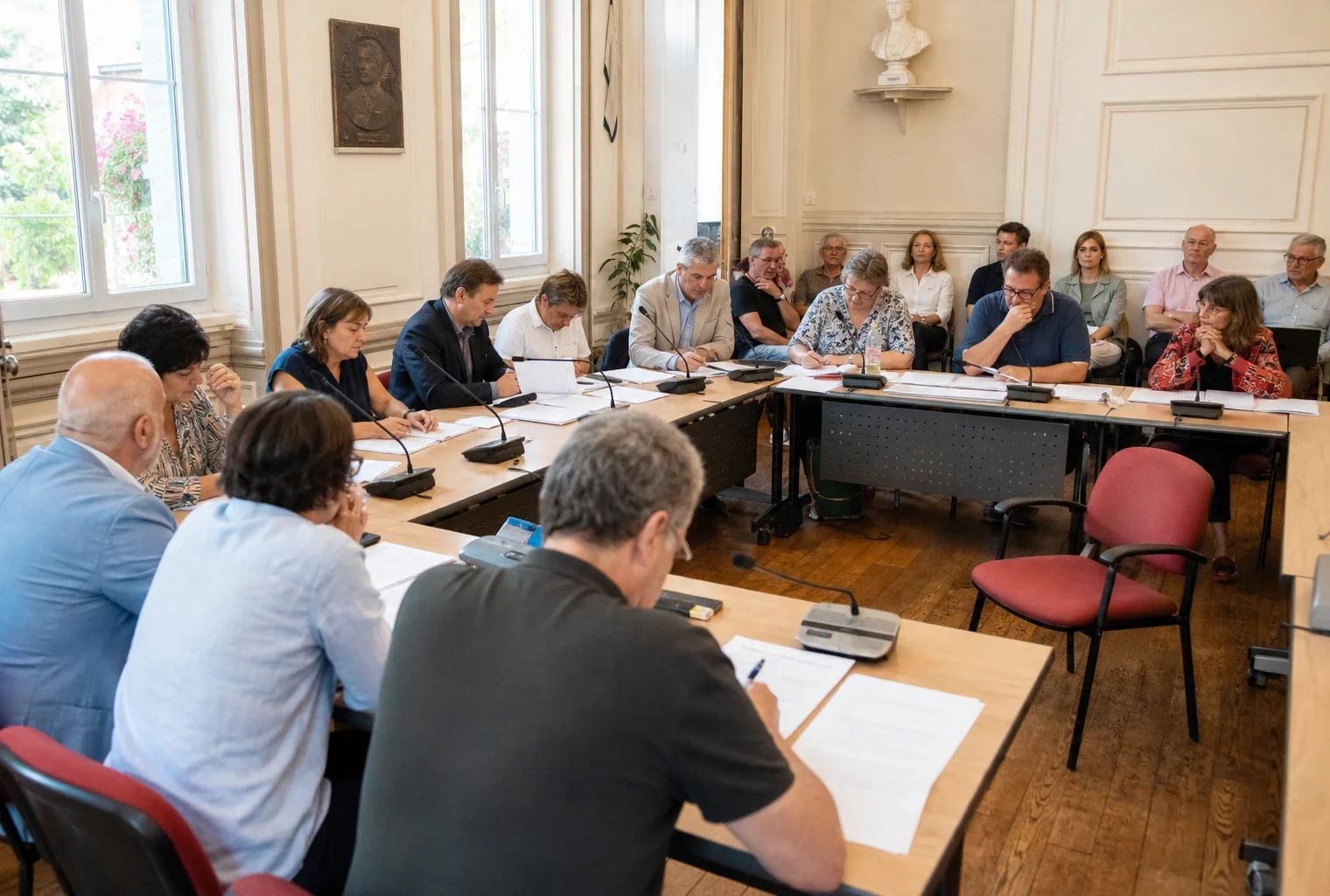 Réunion dans une salle municipale française avec micros, dossiers et une chaise vide autour d’une table de conseil