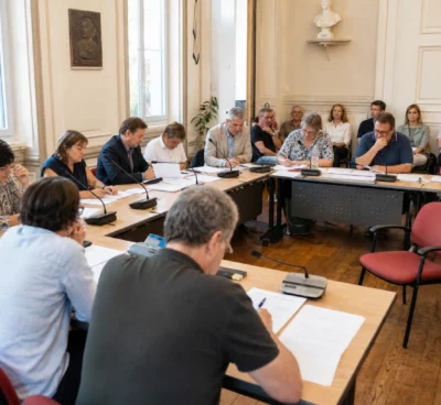 Réunion dans une salle municipale française avec micros, dossiers et une chaise vide autour d’une table de conseil