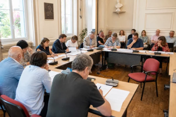 Réunion dans une salle municipale française avec micros, dossiers et une chaise vide autour d’une table de conseil