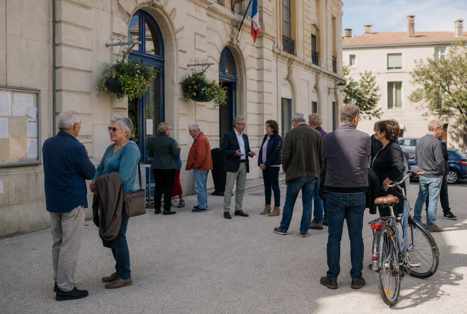 Citoyens anonymes échangeant devant une mairie française, une scène de proximité politique en lumière naturelle