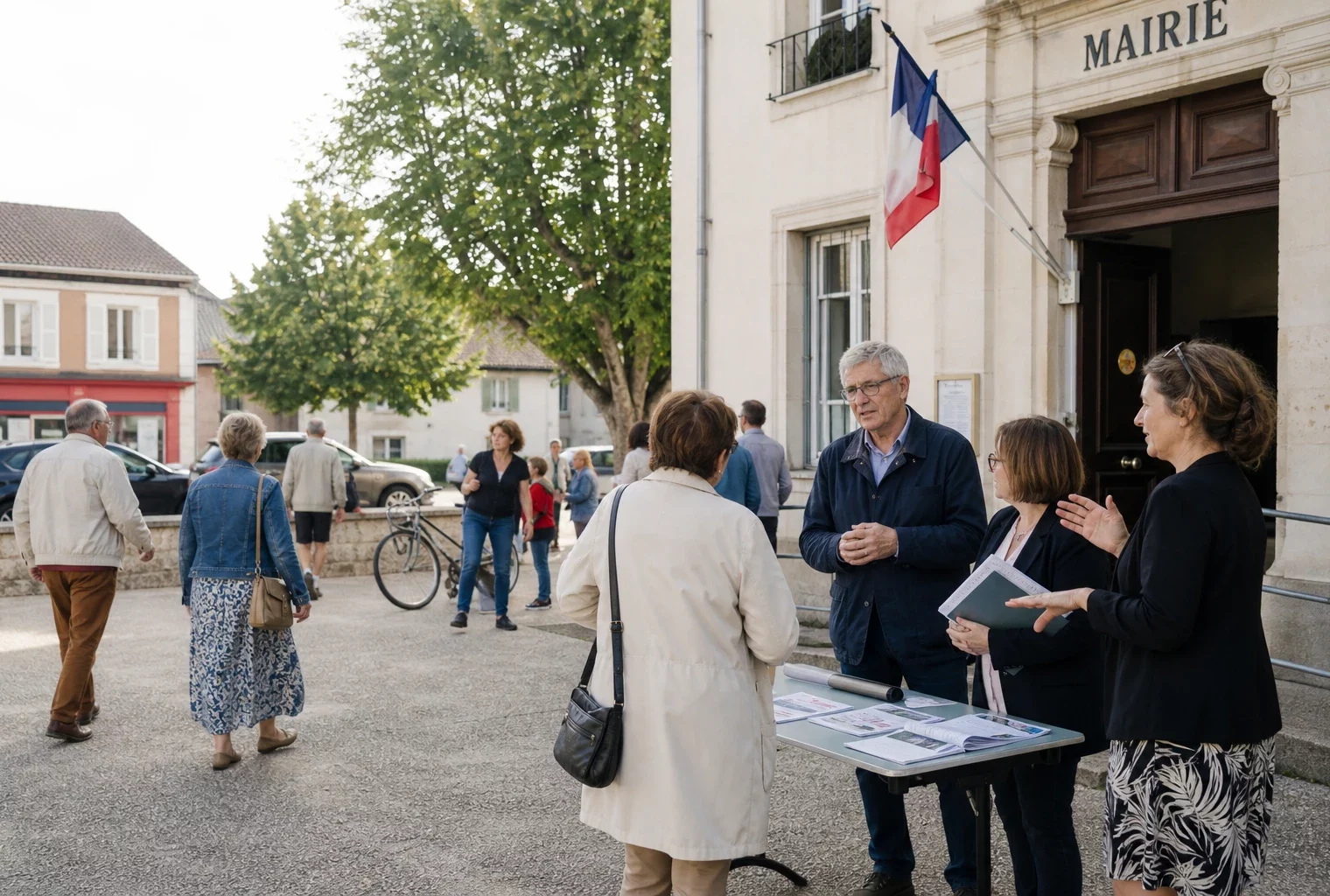 Citoyens anonymes échangeant sur le parvis d’une mairie française dans une scène politique locale et lumineuse