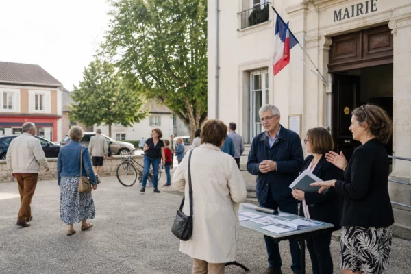 Citoyens anonymes échangeant sur le parvis d’une mairie française dans une scène politique locale et lumineuse