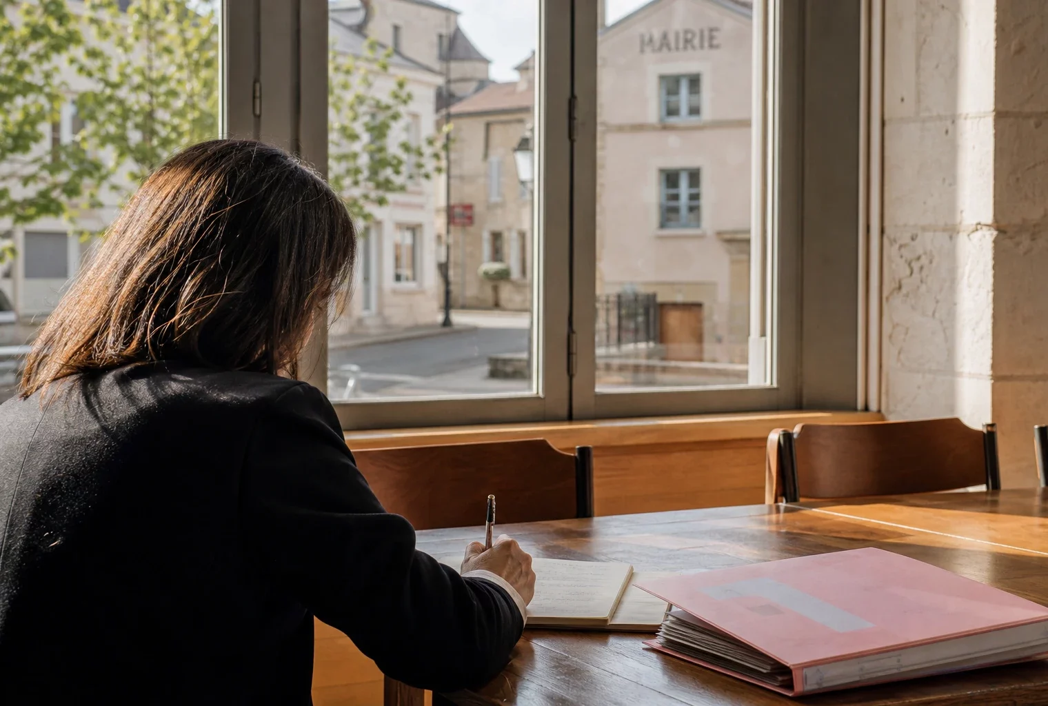 Collaborateur politique anonyme prenant des notes dans une mairie française avant des négociations à gauche