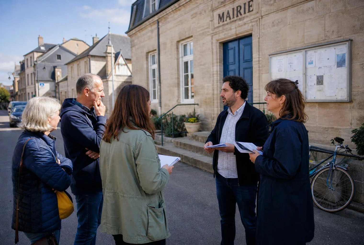 Citoyens anonymes échangeant sur une primaire politique devant une mairie française, en pleine lumière naturelle