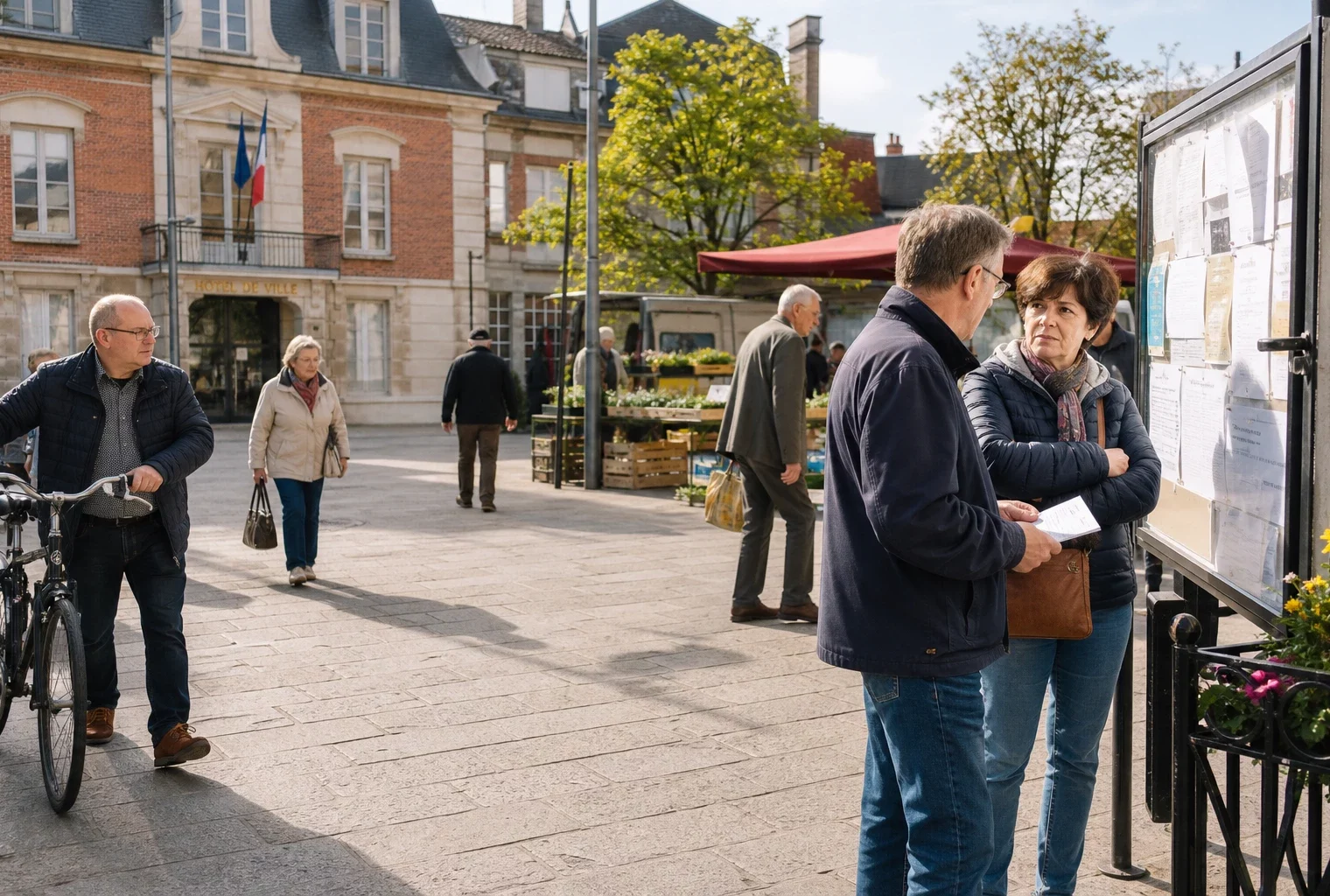 Habitants anonymes dans une place de ville française, évoquant la primaire de la gauche et la présidentielle de 2027