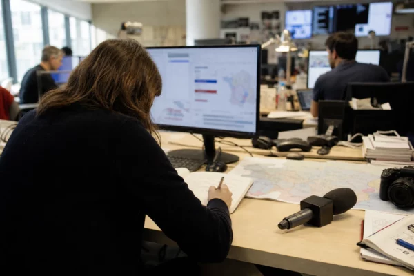 Journaliste préparant un sujet politique dans une rédaction locale française, avec carnet, carte floue et micro sans logo