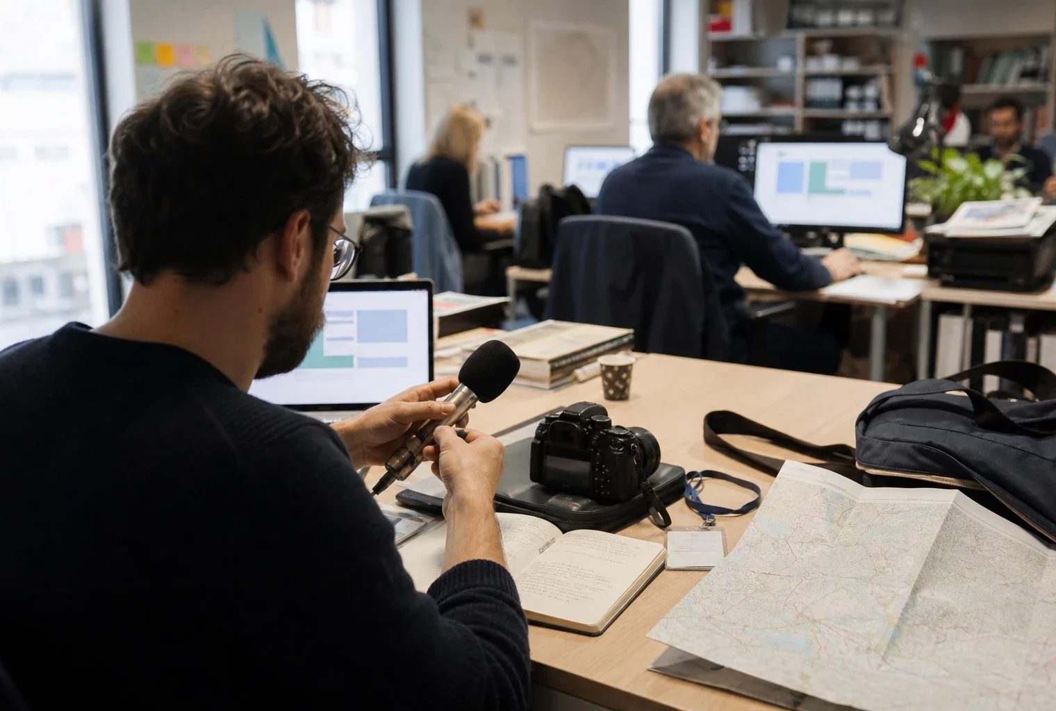 Journaliste préparant un sujet politique dans une rédaction locale française, avec micro, carnet et carte papier floue