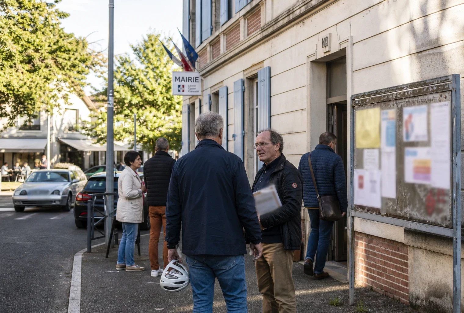 Habitants anonymes devant un équipement municipal français, dans une scène de rue liée à la primaire de la gauche