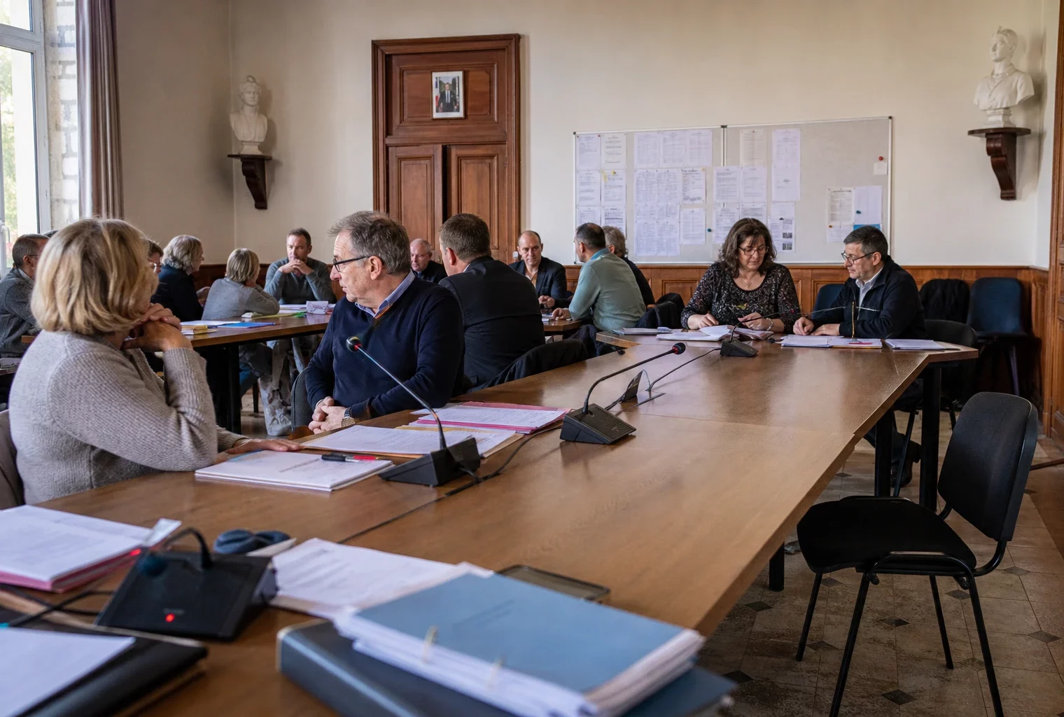 Salle municipale française préparant une réunion politique, avec micros, dossiers flous et une chaise vide