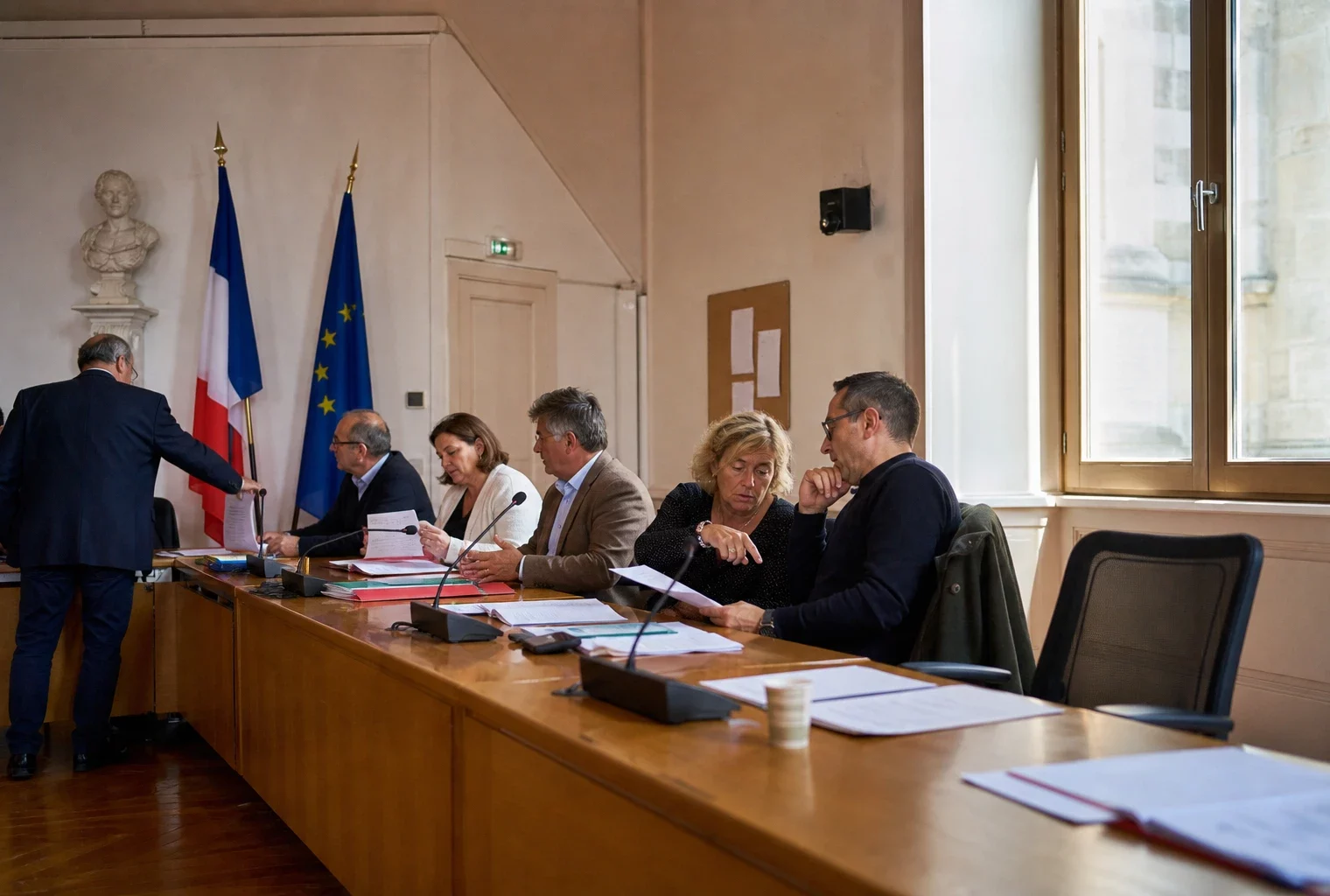 Salle municipale française avec chaise vide, micros et dossiers lors d’une réunion politique locale
