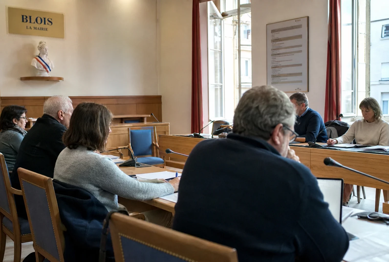 Salle municipale française avec micros, dossiers flous et chaise vide lors d’un débat politique