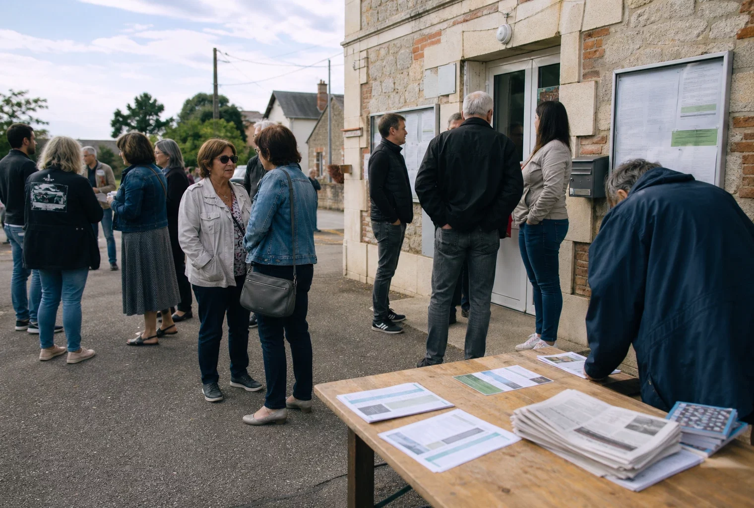 Habitants anonymes échangent devant un équipement municipal dans une ville moyenne française avant une primaire politique