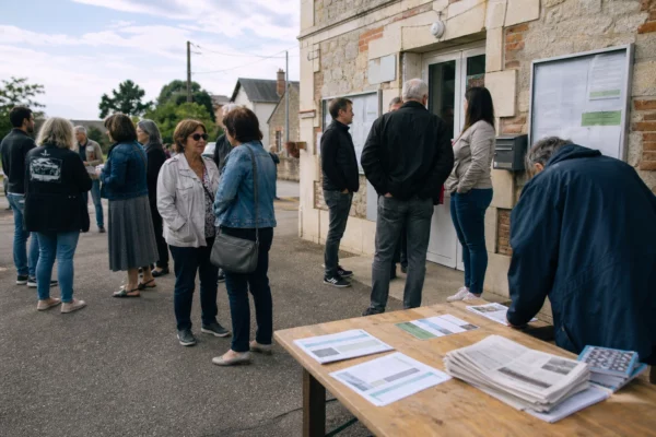 Habitants anonymes échangent devant un équipement municipal dans une ville moyenne française avant une primaire politique