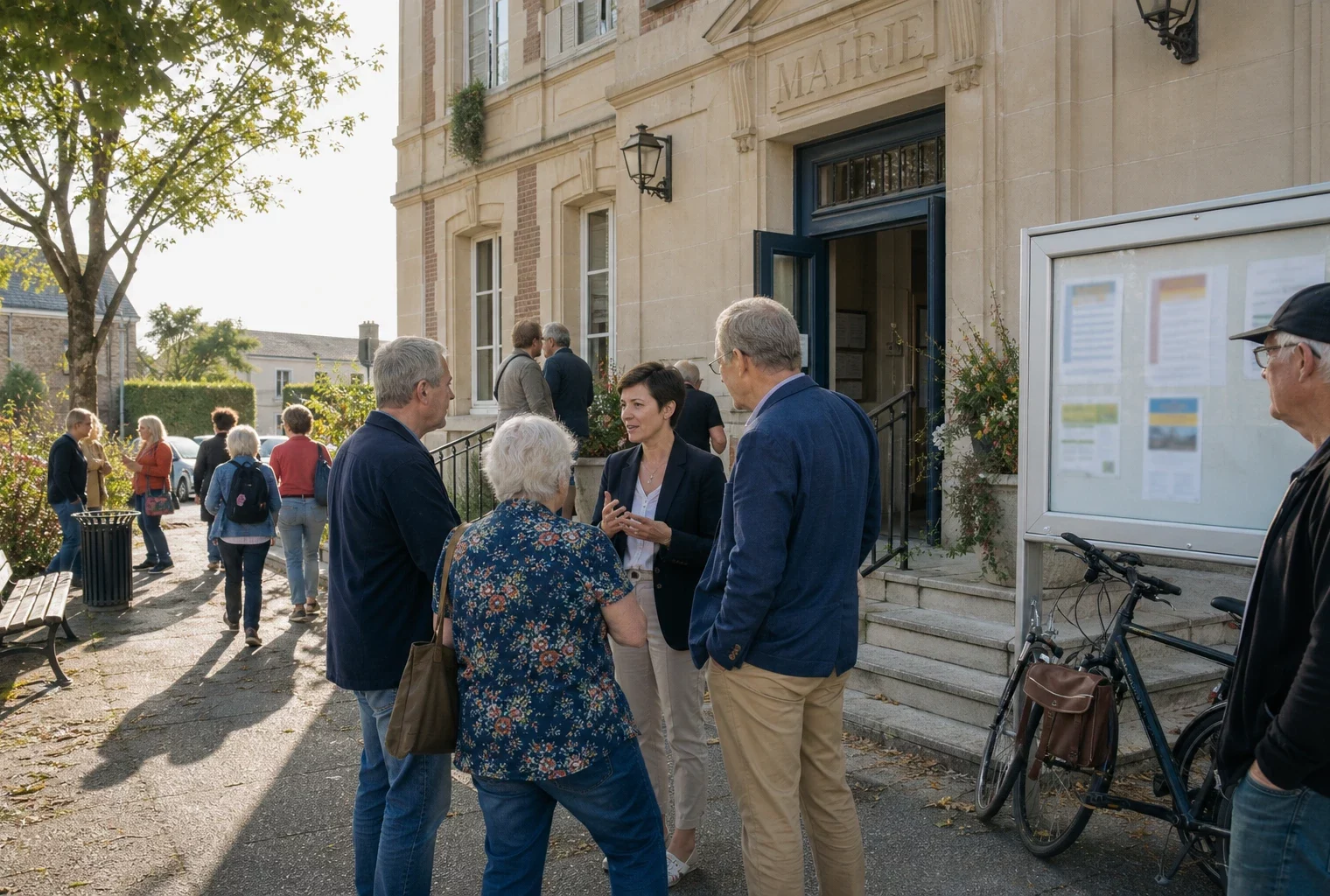 Citoyens anonymes échangeant devant une mairie française lors d’une scène de vie civique locale