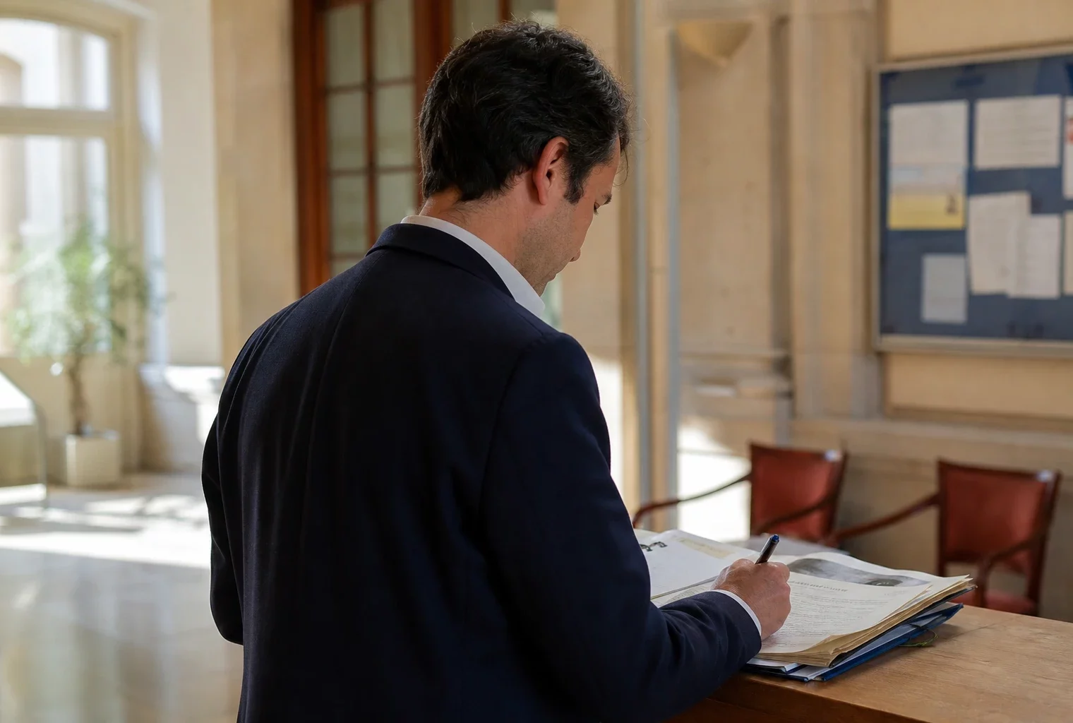 Collaborateur municipal anonyme annotant un dossier dans une mairie française pour illustrer le débat sur la primaire de 2027