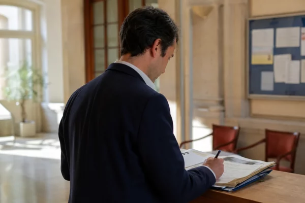 Collaborateur municipal anonyme annotant un dossier dans une mairie française pour illustrer le débat sur la primaire de 2027