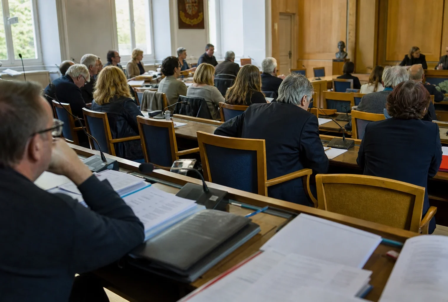 Salle municipale française avec micros, dossiers flous et une chaise vide lors d’un débat politique