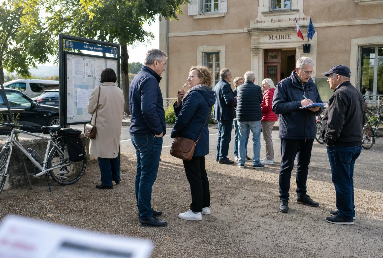 Citoyens anonymes échangeant devant une mairie française autour des enjeux de la présidentielle 2027