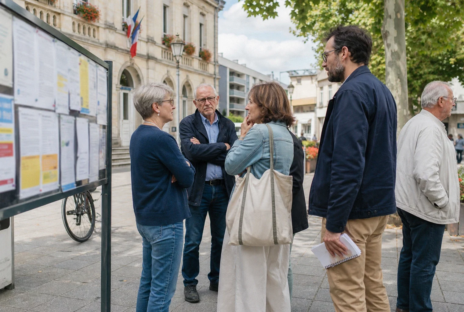 Habitants anonymes discutant sur une place de ville française près d’une mairie, dans une ambiance politique calme