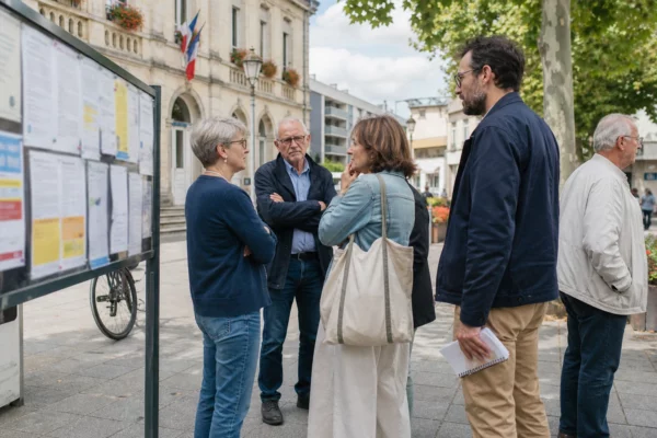 Habitants anonymes discutant sur une place de ville française près d’une mairie, dans une ambiance politique calme