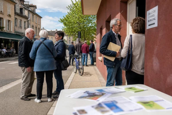 Habitants anonymes devant une mairie française lors d’une réunion politique locale, dans une rue éclairée par le jour