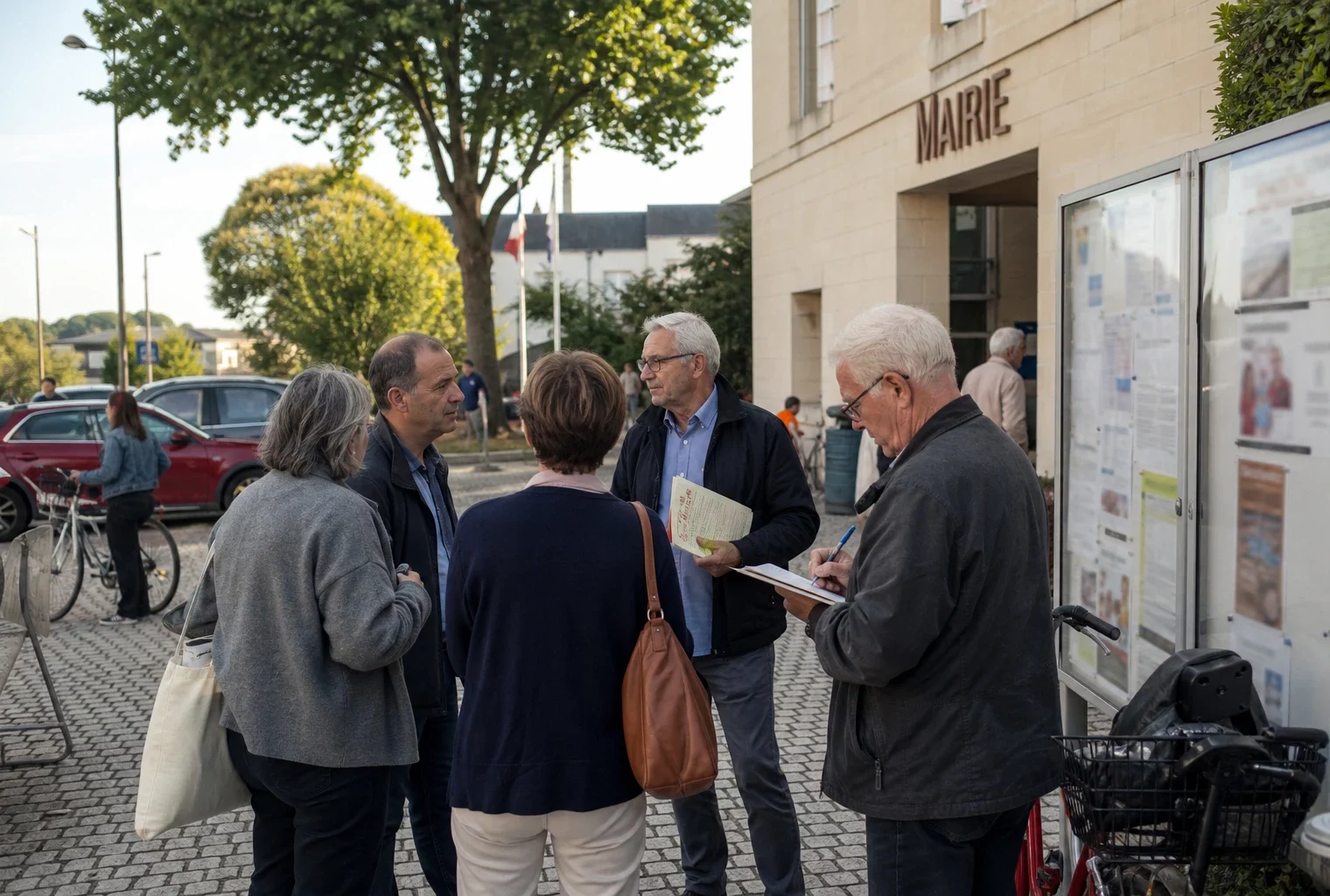 Habitants anonymes échangeant devant une mairie française lors d’une scène de débat civique local
