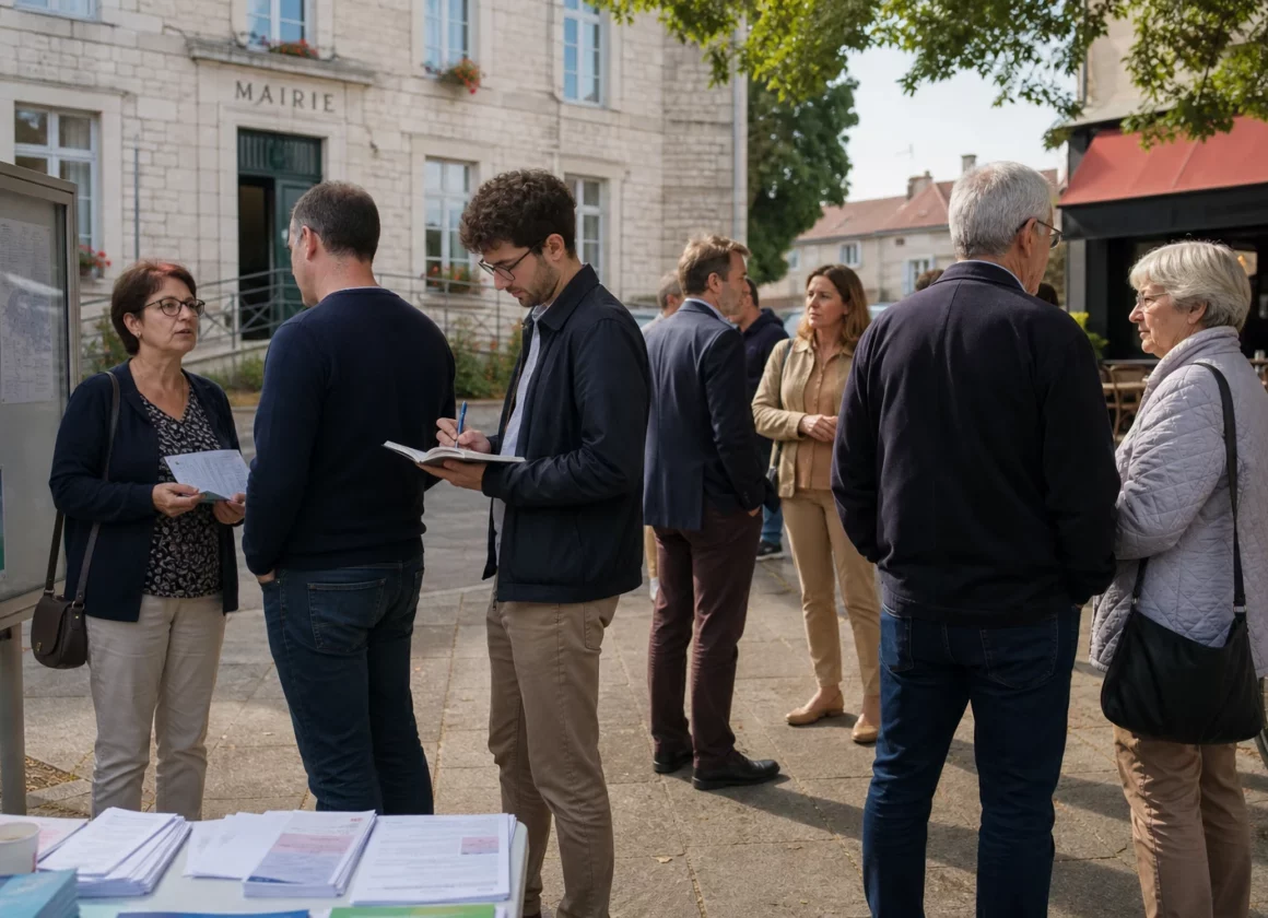 Citoyens anonymes échangeant devant une mairie française autour d’une primaire présidentielle