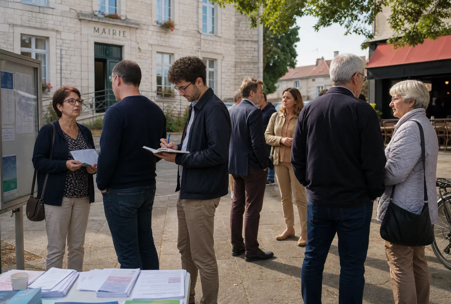 Citoyens anonymes échangeant devant une mairie française autour d’une primaire présidentielle