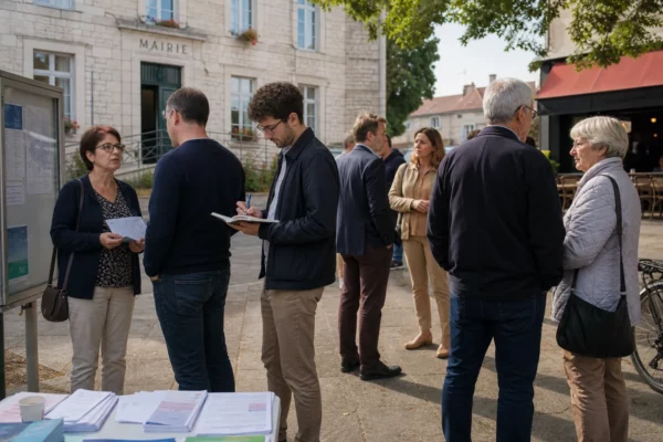 Citoyens anonymes échangeant devant une mairie française autour d’une primaire présidentielle