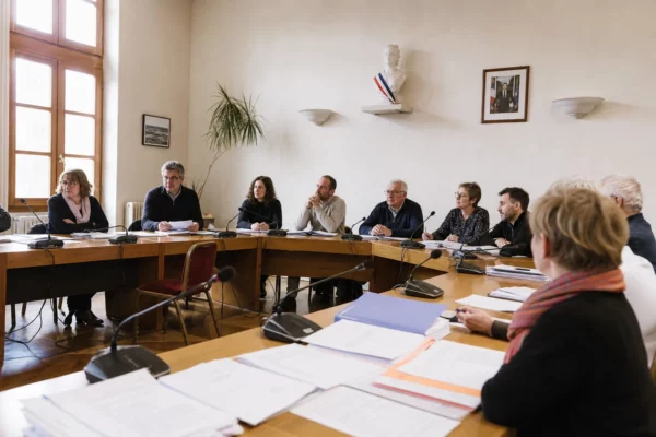 Salle municipale française avec micros, dossiers et chaise vide pour illustrer la primaire du PS.