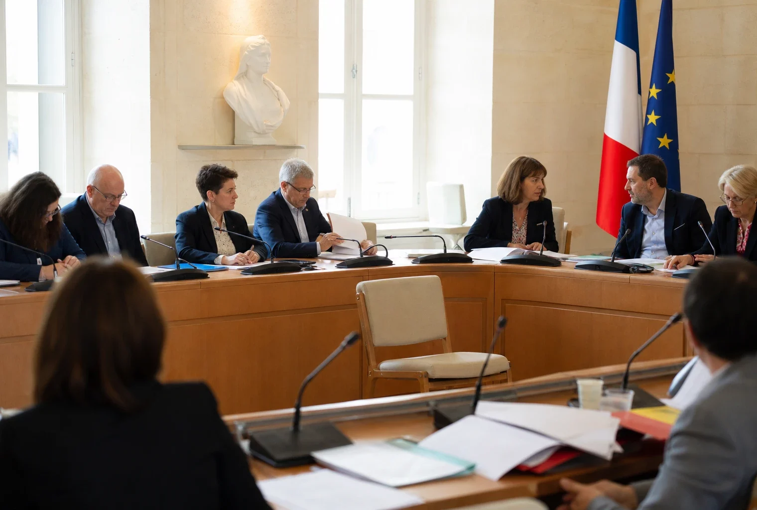 Salle municipale claire avec micros, dossiers flous et chaise vide pour illustrer la primaire socialiste.