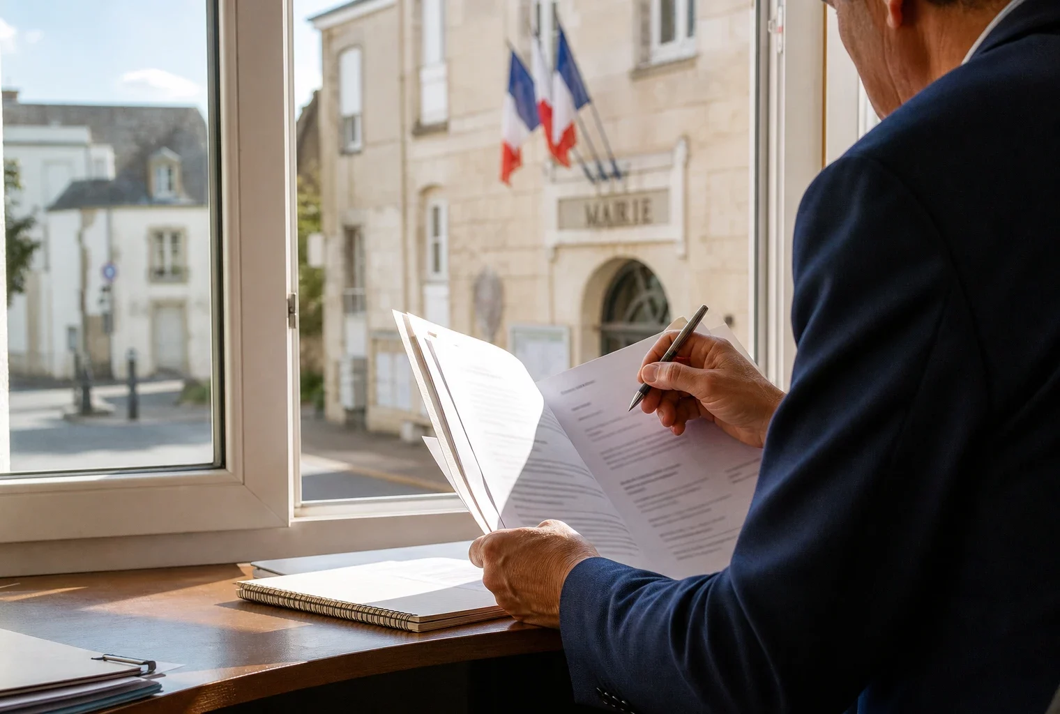 Élu local anonyme annotant un dossier dans une mairie française, avec une rue municipale en arrière-plan