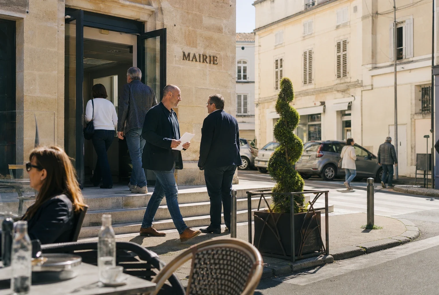 Scène de rue dans une ville française, devant un bâtiment public, avec des habitants anonymes en journée