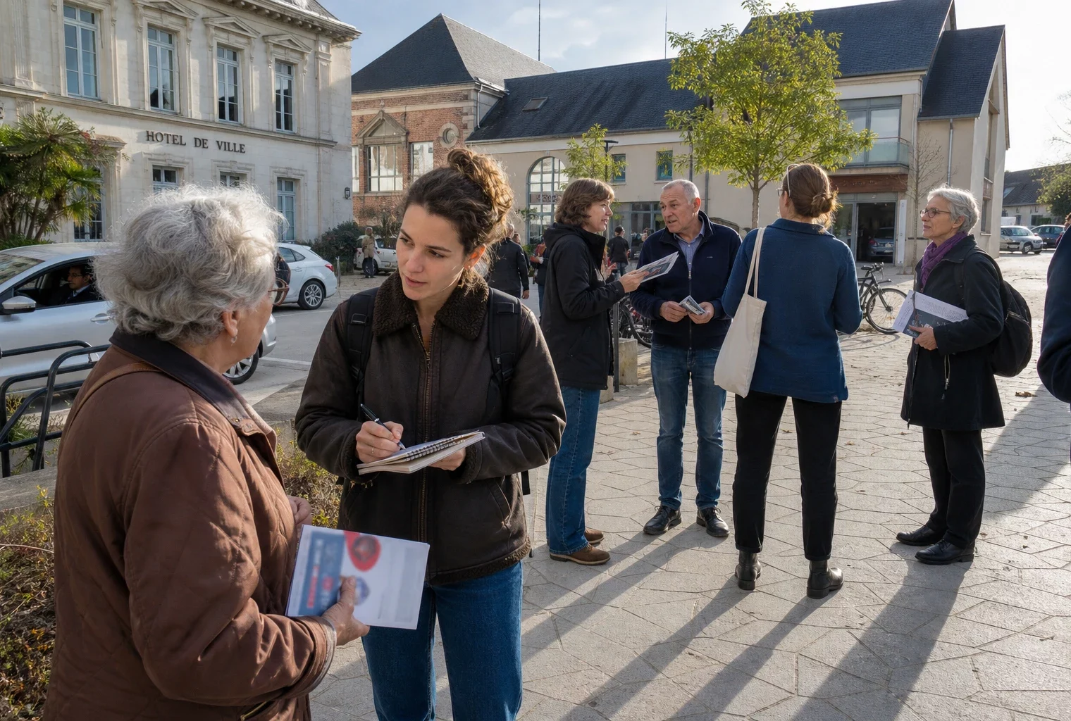 Habitants anonymes échangent sur une place de Blois lors d’une scène de campagne politique locale