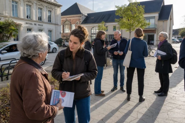 Habitants anonymes échangent sur une place de Blois lors d’une scène de campagne politique locale