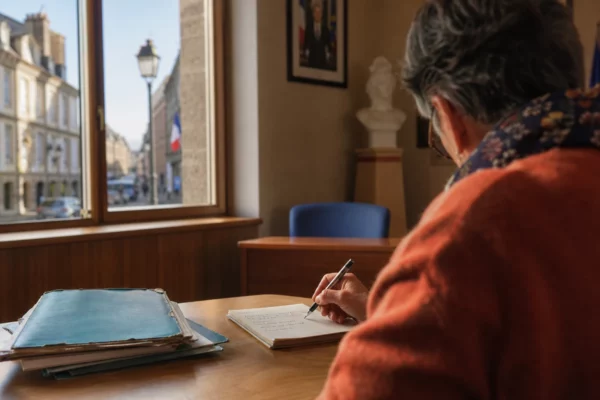 Élu local anonyme prenant des notes dans une mairie française pour illustrer le débat sur la primaire socialiste