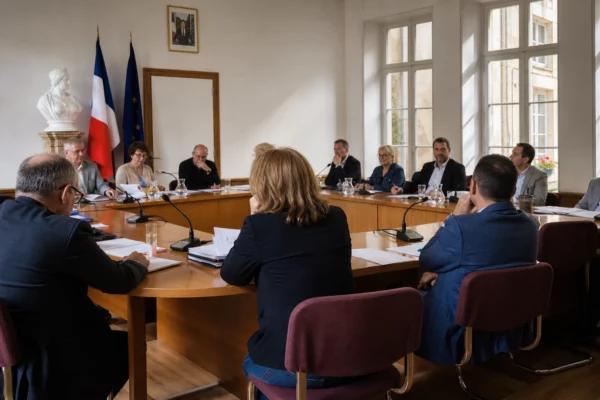 Salle municipale française préparant un débat politique, avec micros, dossiers flous et une chaise vide parmi les participants