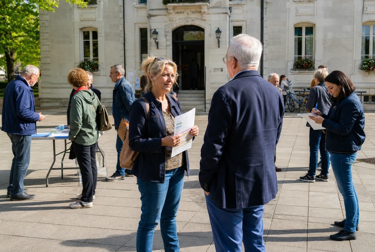 Citoyens anonymes échangeant sur le parvis d’une mairie française lors d’une scène de vie démocratique locale