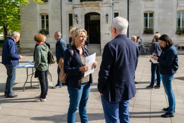 Citoyens anonymes échangeant sur le parvis d’une mairie française lors d’une scène de vie démocratique locale