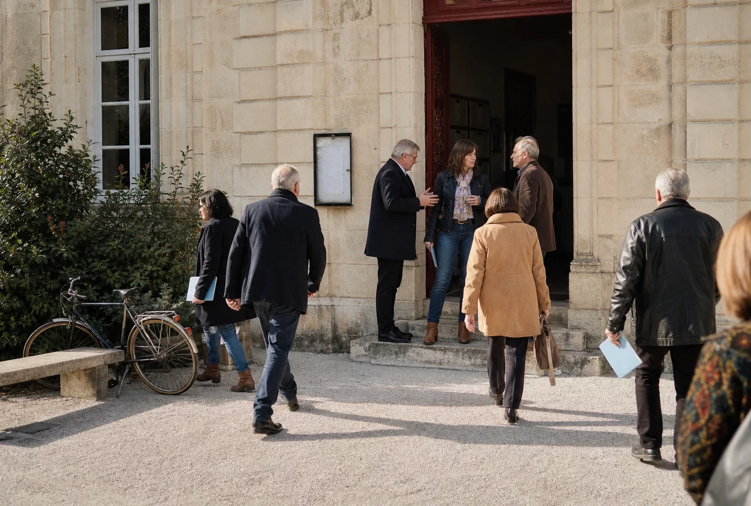 Citoyens anonymes échangeant sur le parvis d’une mairie française lors d’une réunion politique locale