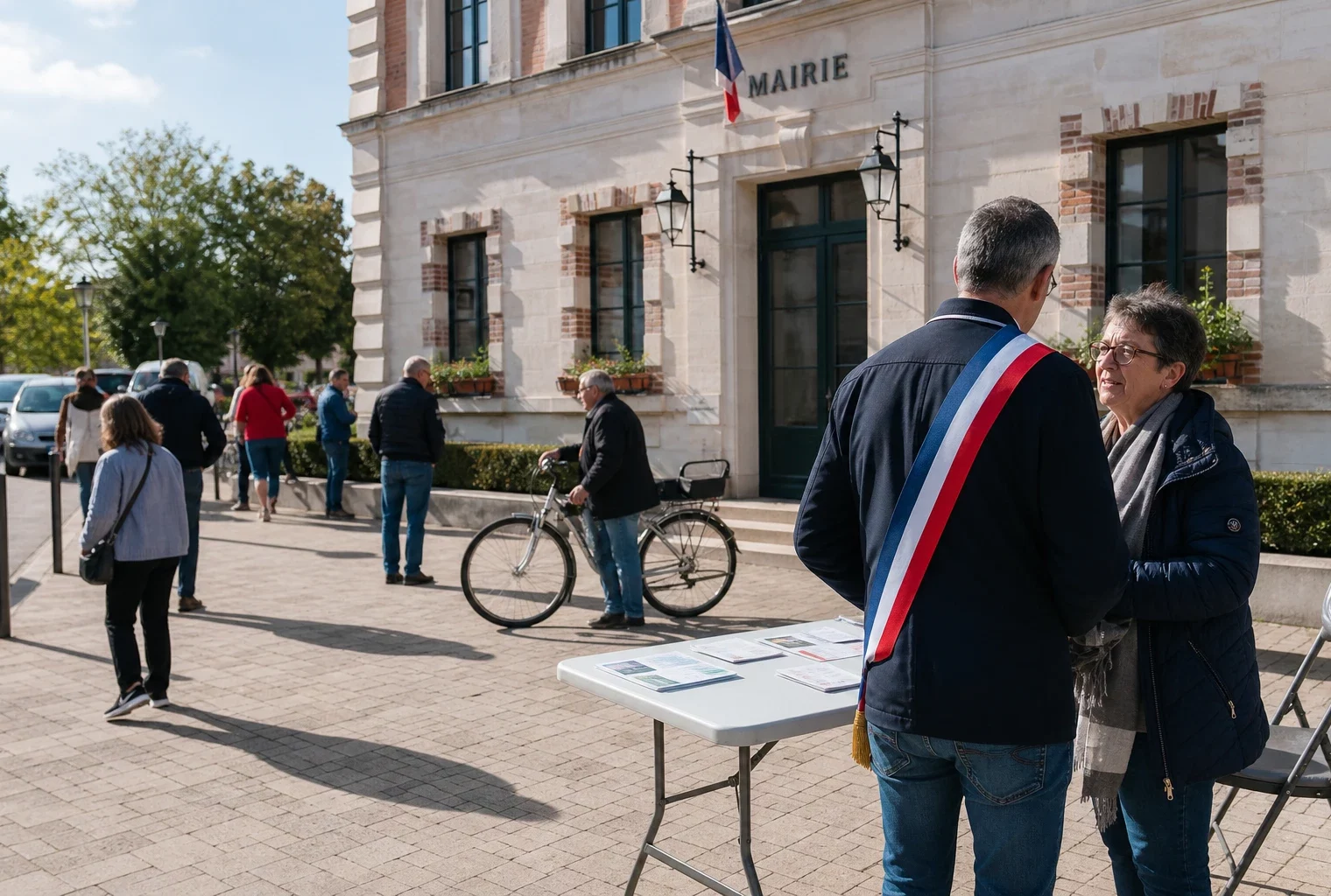 Citoyens anonymes échangeant devant une mairie française lors d’une scène de vie politique locale