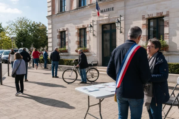 Citoyens anonymes échangeant devant une mairie française lors d’une scène de vie politique locale