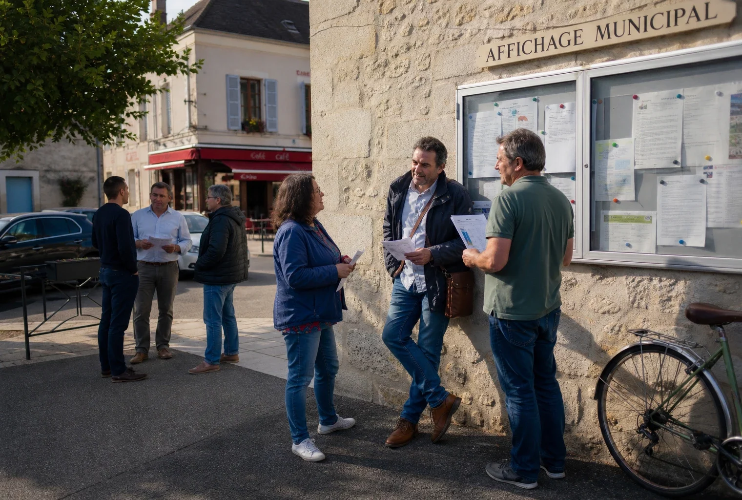 Habitants anonymes discutant sur une place française, près d’un équipement municipal, dans une scène de débat civique