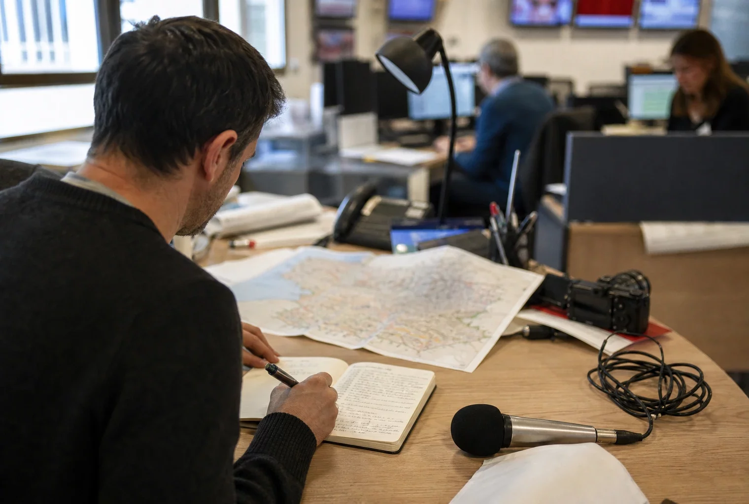 Journaliste préparant un sujet politique dans une rédaction locale française, avec carnet, carte floue et micro sans logo