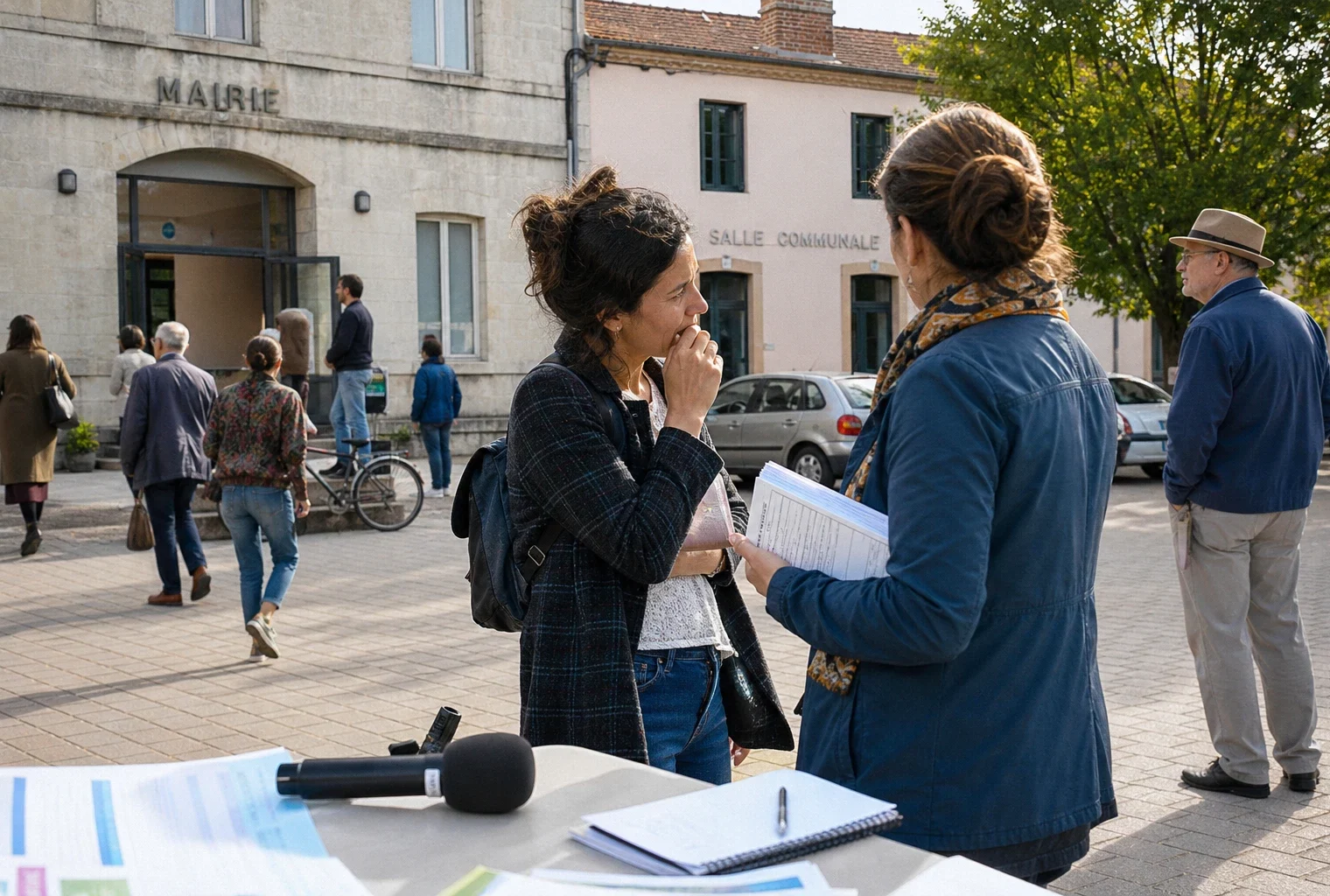 Scène de reportage sur une place de ville française avec habitants anonymes et réunion politique locale